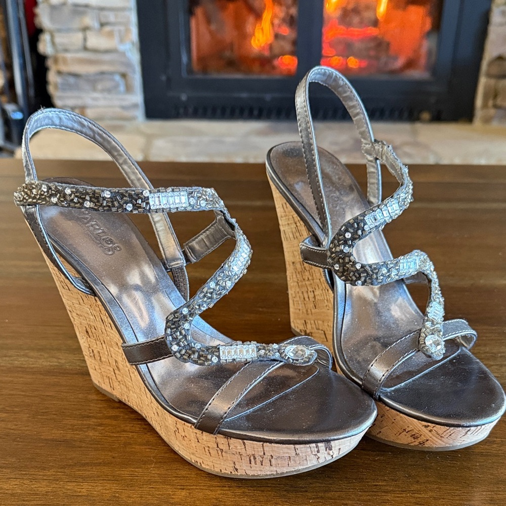 Carlos by Carlos Santana Silver and Tan Wedge Sandals